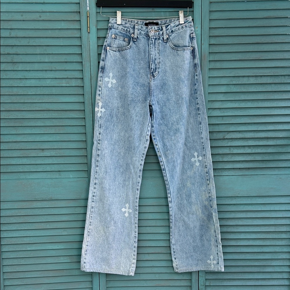 White Fox Stylish Wide leg Blue Denim Jeans With Cross pattern